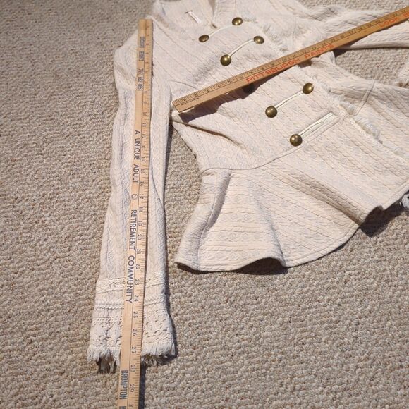 Free People Military Double Breasted Peplum Jacket 8 Cream Crochet Fringe Boho - Picture 3 of 8